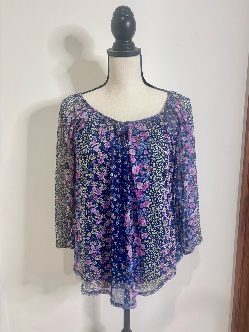 Macy’s BCX Navy, Purple, and Pink Floral Scoop Neck Blouse with navy lining